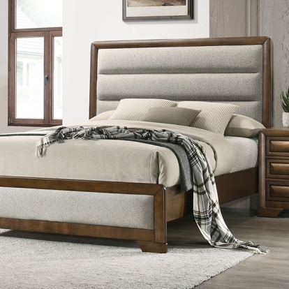 Furniture of America Caerwys Transitional Engineered with Wood Fabric Solid with Wood Veneer Brown-Light Gray Bed Model FM7231BR-Queen Bed