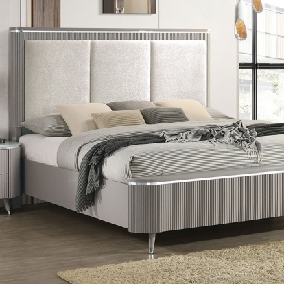 Furniture of America Aldridge Contemporary Engineered with Wood Fabric Solid Rubberwood Light Gray Bed Model FM7243GY