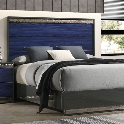 Furniture of America Morcote Glam Engineered with Wood Laminate Solid Rubberwood & Teakwood Ash Gray-Indigo Blue Bed Model FM7250BL