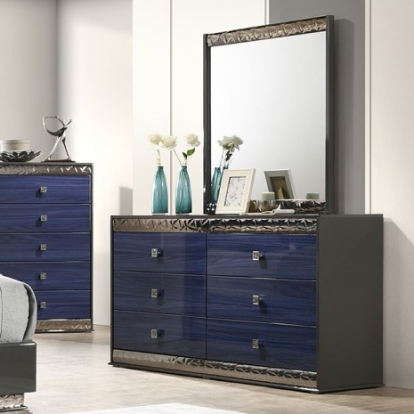 Furniture of America Morcote Glam Engineered with Wood Laminate Solid Rubberwood & Teakwood Ash Gray-Indigo Blue Dresser Model FM7250BL-D