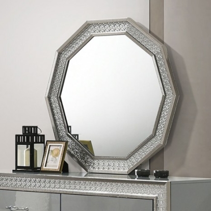 Furniture of America Cassiopeia Glam Engineered with Wood Laminate Rubberwood Solid Teak Metallic Gray Decagon Mirror Model FM7253GY-M