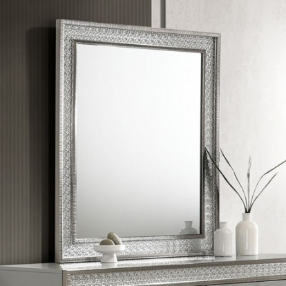 Furniture of America Cassiopeia Glam Engineered with Wood Laminate Rubberwood Solid Teak Metallic Gray Rect Mirror Model FM7254GY-M