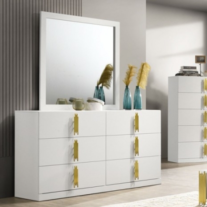 Furniture of America Basildon Contemporary Engineered with Wood Fabric Foam Melamine Metal White-Gold Dresser Model FM7271WH-D