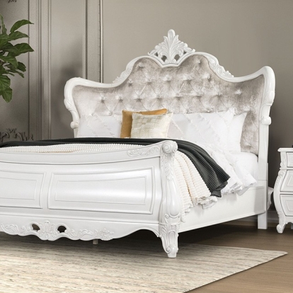 Furniture of America Valentini Traditional Fabric Solid with Wood White-Tan Bed Model FM7419WH