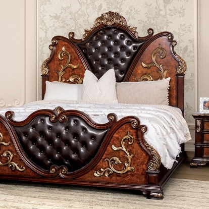 Furniture of America Aquilina Traditional Leatherette Stone Solid with Wood Veneer Dark Cherry-Oak Bed Model FM7422CH-Queen Bed
