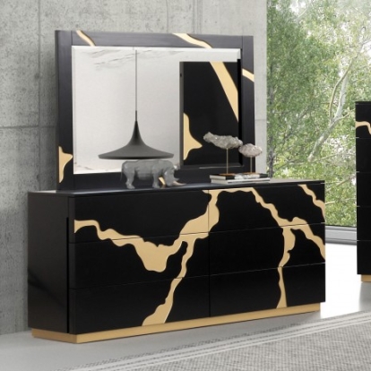Furniture of America Goldsberg Contemporary Birch Birch Engineered with Wood Pinewood Poplar Black-Gold Dresser Model FM7425BK-D
