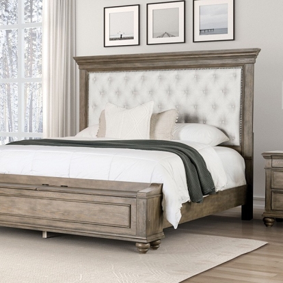Furniture of America Philomath Transitional Fabric Oak Veneer Solid with Wood Aged Oak Bed Model FM7430BR-Queen Bed