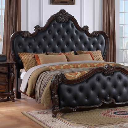 Furniture of America Ventresca Traditional Leatherette Solid with Wood Veneer Dark Cherry Bed Model FM7635CH-Queen Bed