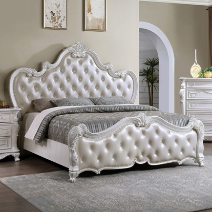 Furniture of America Ventresca Traditional Leatherette Solid with Wood Veneer White Bed Model FM7635WH-Queen Bed