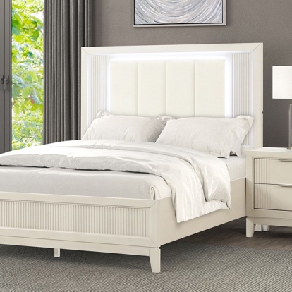 Furniture of America Isadore Transitional Birch Veneer Fabric Foam Solid with Wood Antique White Bed Model FM7700WH-Queen Bed