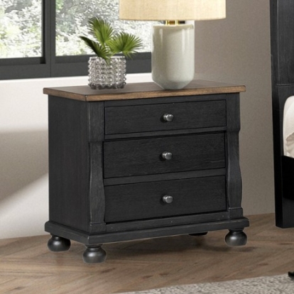 Furniture of America Neue Mills Modern Farmhouse Engineered with Wood Oak Veneer Solid Rubberwood Farmhouse Black-Rustic Oak 3-Drawer Nightstand Model FM79009BK-N2