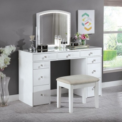 Furniture Of America Louise Contemporary Fabric, Mirror, Solid Wood, Others White Vanity W/ Stool | FOA-DK5240-SET-STOOL