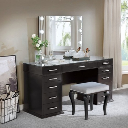 Furniture Of America Valentina Glam Mirror, Solid Wood, Wood Veneer, Others Obsidian Gray Vanity Set | FOA-DK5682DG-PK