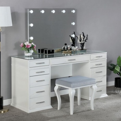 Furniture of America Valentina Glam Mirror Solid with Wood Veneer Luminous White Vanity Set Model FOA-DK5682WH-PK