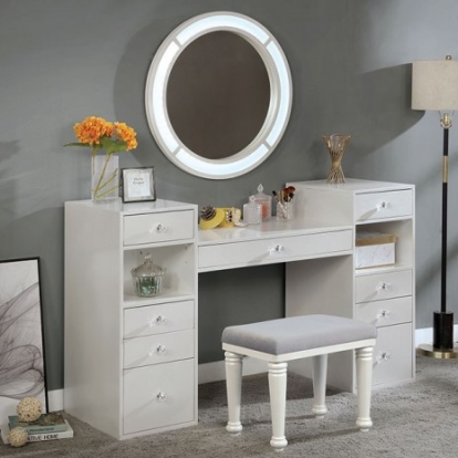 Furniture Of America Yasmine Glam Mirror, Solid Wood, Wood Veneer, Others Luminous White Vanity Set | FOA-DK5683WH-PK