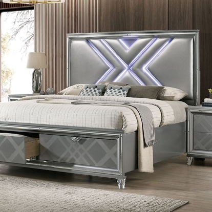 Furniture of America Emmeline Contemporary Leatherette Mirror Solid with Wood Veneer Silver Bed Model FOA7147