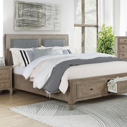 Furniture of America Anneke Transitional Fabric Solid with Wood Veneer Wire-Brushed Warm Gray Bed Model FOA7173