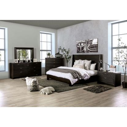 Laurentian Dark Walnut Queen Bed with 1NS with Dresser with Mirror Model FOA7514Q-4PC by Furniture of America