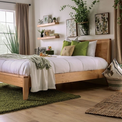 Furniture of America Willamette Mid-Century Modern Solid with Wood Light Oak Bed Model FOA7602-Queen Bed