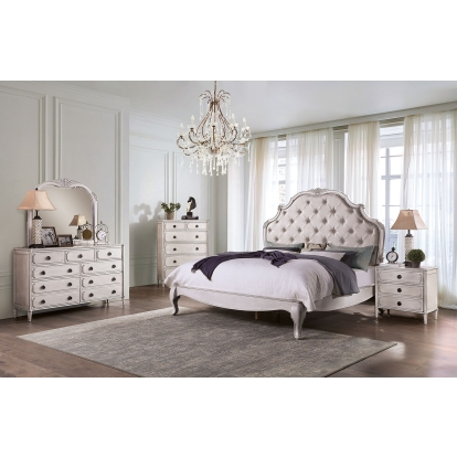 Esther Antique White 5 Piece Queen Bedroom Set with Night Stand Model FOA7929Q-5PC-2NS by Furniture of America
