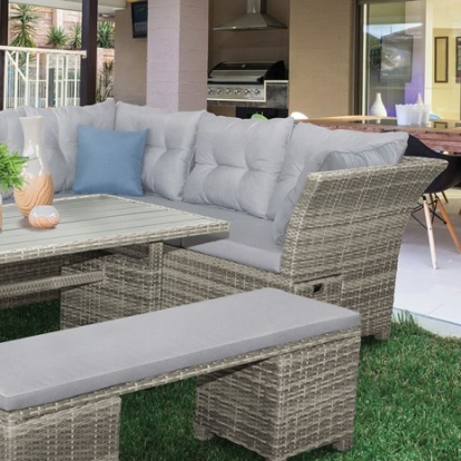 Furniture of America Malia Contemporary Aluminum Faux Wicker Gray 5 Pc. Sectional Set with Bench Model GM-1002-5PK