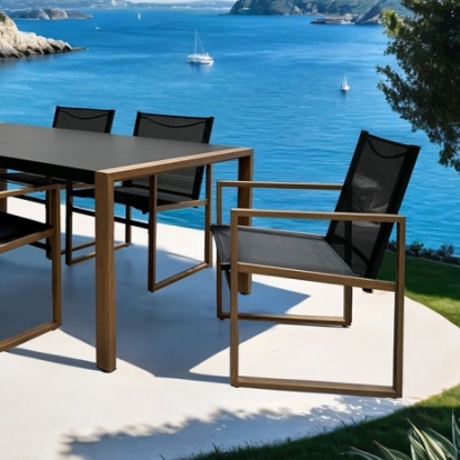 Furniture of America Oswego Contemporary Metal Solid with Wood Black-Natural 8 Pc. Outdoor Dining Set Model GM-2040-7PC