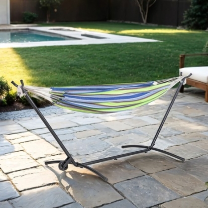 Furniture Of America Haley Contemporary Polyester Cotton, Steel Green/Blue Hammock Stand | GM-4001-PK