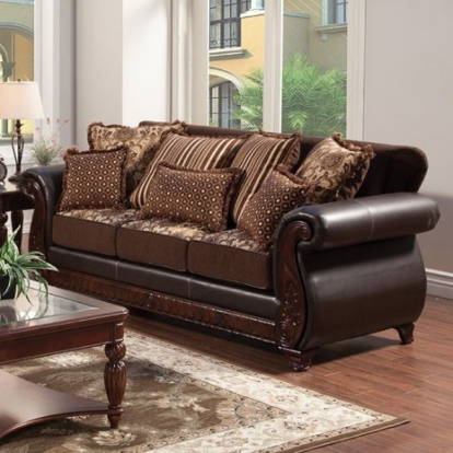 Furniture Of America Franklin Traditional Fabric, Leatherette, Solid Wood, Others Dark Brown/Tan Sofa | SM6106N-SF