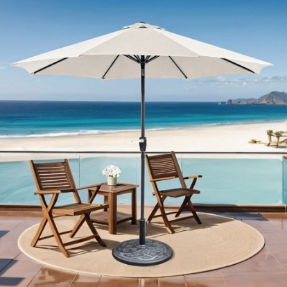 Furniture Of America Soli Contemporary Fabric, Steel, Others Beige 9' Outdoor Umbrella W/ Auto Tilt + 21" Round Base | LA-A009SV+BASE