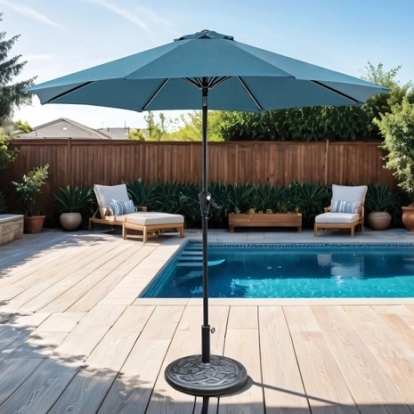 Furniture Of America Tano Contemporary Fabric, Steel, Others Blue 9' Outdoor Umbrella + 21" Round Base | LA-A010BL+BASE