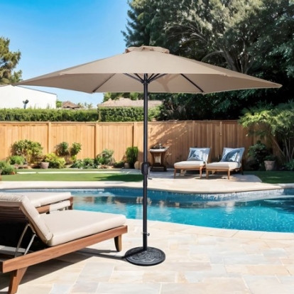 Furniture Of America Lali Contemporary Fabric, Metal Beige 9 Ft Outdoor Umbrella + 21" Round Base | LA-A027BG+BASE