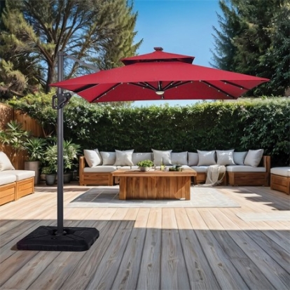 Furniture Of America Xico Contemporary Aluminum, Polyester Fabric Red 8 Ft Square Umbrella W/ Double Top W/ Led Light + 37" Large Base | LA-A030RD+BASE