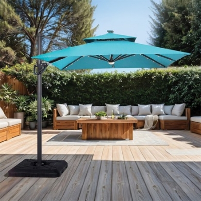 Furniture Of America Xico Contemporary Aluminum, Polyester Fabric Teal 8 Ft Square Umbrella W/ Double Top W/ Led Light + 37" Large Base | LA-A030TL+BASE