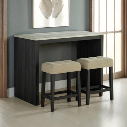 Furniture Of America Zanaide Transitional Engineered Wood, Fabric, Rubberwood, Travertine, Paper Veneer Black/Gray/Beige 3 Pc. Dining Table Set | SL3402BK-PT-3PK-STOOL