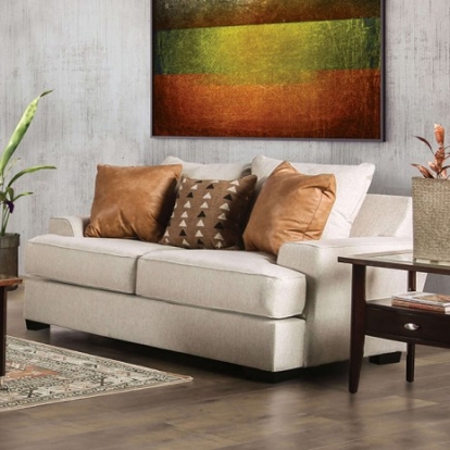 Furniture of America New Meadows Transitional Fabric Leatherette Solid with Wood Sand-Caramel Loveseat Model SM1214-LV