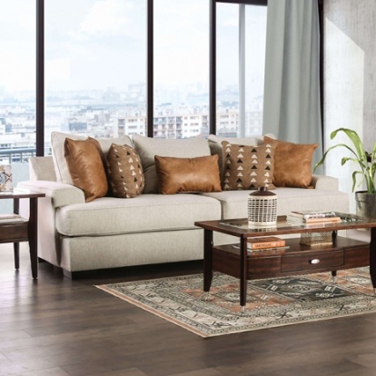 Furniture Of America New Meadows Transitional Fabric, Leatherette, Solid Wood, Others Sand/Caramel Sofa | SM1214-SF