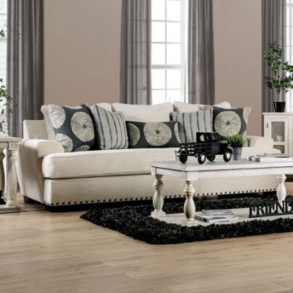 Furniture of America Germaine Transitional Chenille Solid with Wood Ivory Sofa Model SM1283-SF