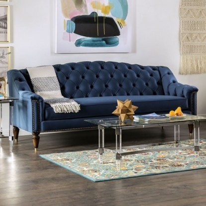 Furniture Of America Martinique Transitional Velvet-Like, Solid Wood, Others Blue Sofa | SM2230-SF