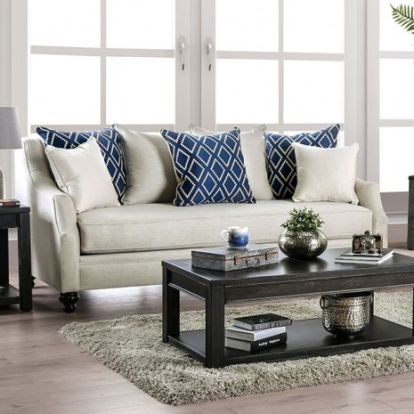 Furniture of America Nefyn Transitional Burlap Weave Solid with Wood Ivory Sofa Model SM2669-SF