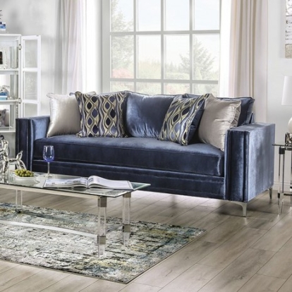 Furniture Of America Jodie Contemporary Microfiber, Solid Wood, Others Satin Blue/Silver Sofa | SM2687-SF