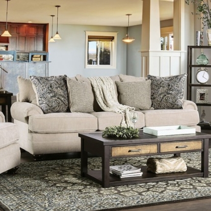 Furniture of America Hatfield Transitional Chenille Solid with Wood Cream Sofa Model SM5158-SF