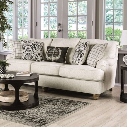 Furniture of America Mossley Transitional Fabric Solid with Wood Ivory Sofa Model SM6090-SF