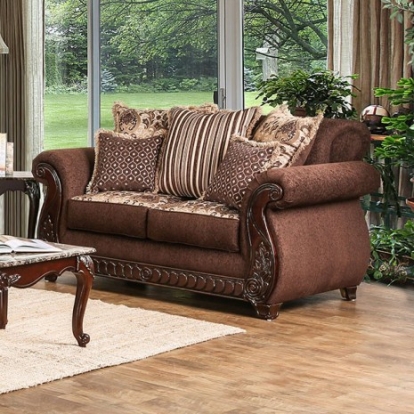 Furniture of America Tabitha Traditional Fabric Leatherette Solid with Wood Brown-Gold Love Seat Model SM6109-LV