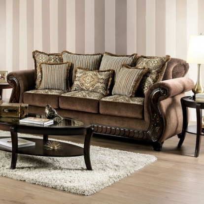Furniture of America Joselyn Traditional Chenille Solid with Wood Brown Sofa Model SM6213-SF