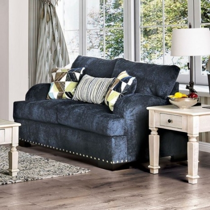 Furniture of America Zayla Transitional Chenille Solid with Wood Veneer Navy Love Seat Model SM6222-LV