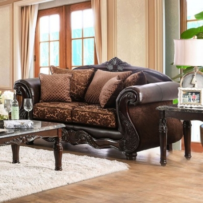 Furniture of America Elpis Traditional Chenille Leatherette Solid with Wood Brown-Espresso Love Seat Model SM6404-LV