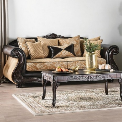 Furniture of America Aislynn Traditional Chenille Leatherette Solid with Wood Gold-Espresso Sofa Model SM6423-SF