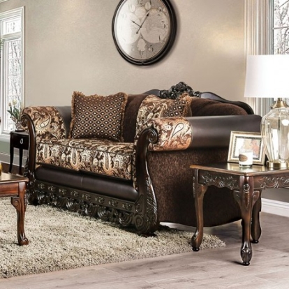 Furniture of America Newdale Traditional Chenille Solid with Wood Brown-Gold Love Seat Model SM6427-LV