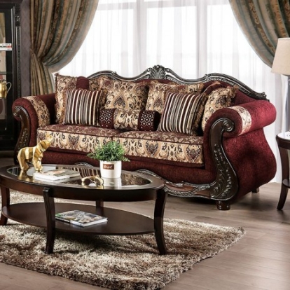 Furniture of America Matteo Traditional Chenille Solid with Wood Burgundy-Brown Sofa Model SM6433-SF