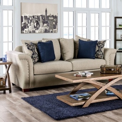 Furniture of America Belsize Transitional Linen-Like Solid with Wood Beige-Navy Sofa Model SM6438-SF